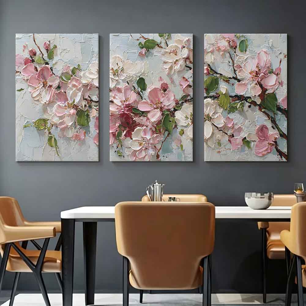 Art Print Framed - [2Dフラット]3枚セット 11.81*15.74インチ/30*40cm フレームアート ホームデコレーション絵画 白い背景に緑の葉を持つピンクの花の枝