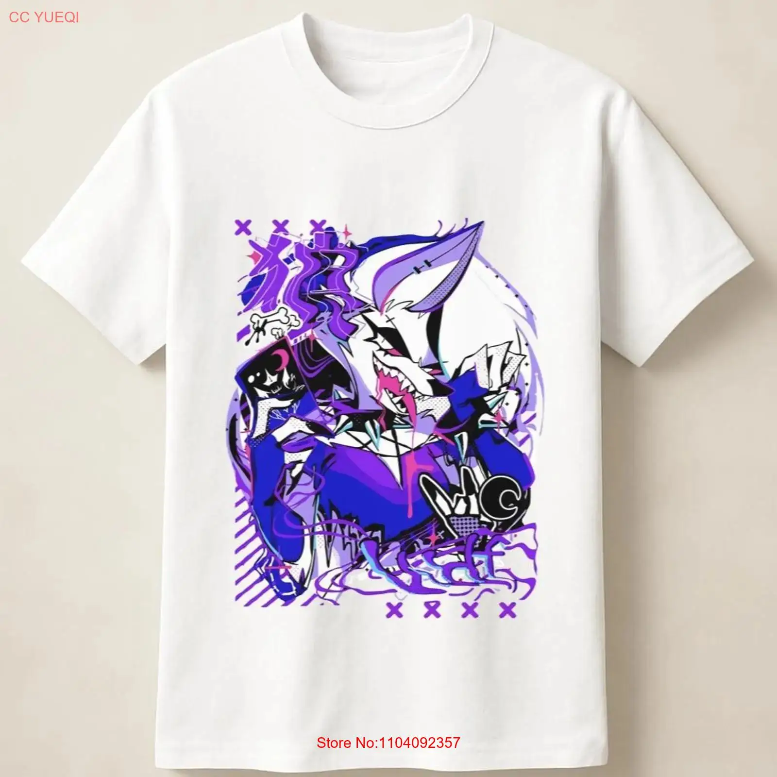 Anime Themed Merchandise - 紫のアニメ狼のグラフィティポスターが描かれた絶叫アートスタイルTシャツ、ヴィンテージウォッシュ加工、ストレッチ素材、ソフトトップ、普段着に最適