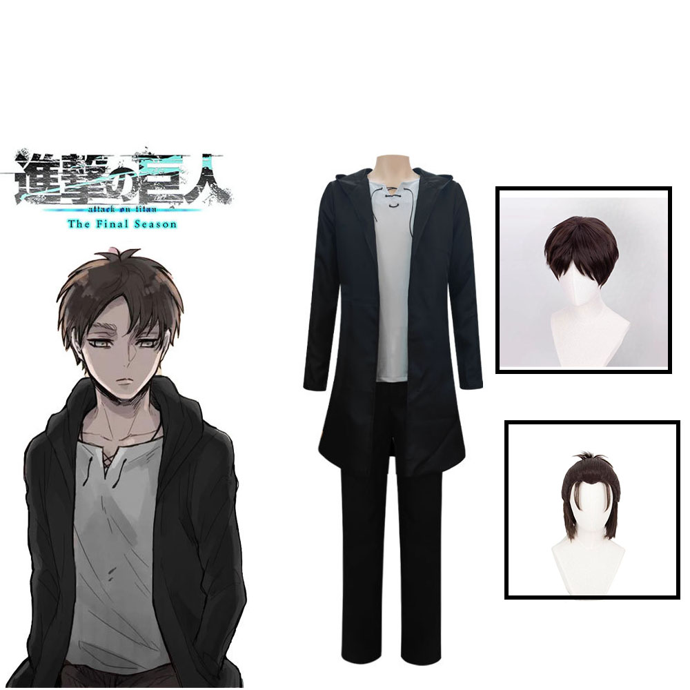 Anime Themed Merchandise - エレンイェーガーコスプレ衣装アニメタイタン衣装ウィッグコスプレエレンイェーガー黒フード付きトレンチ Tシャツパンツハロウィン服