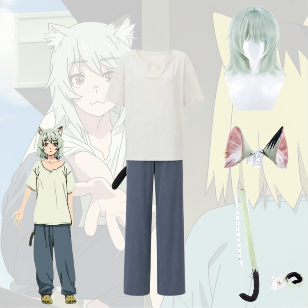 Anime Themed Merchandise - ヤニネコ チェインスモーカーキャット ニクコ コスプレコスチューム 白いTシャツと尻尾付きパンツ フルセット